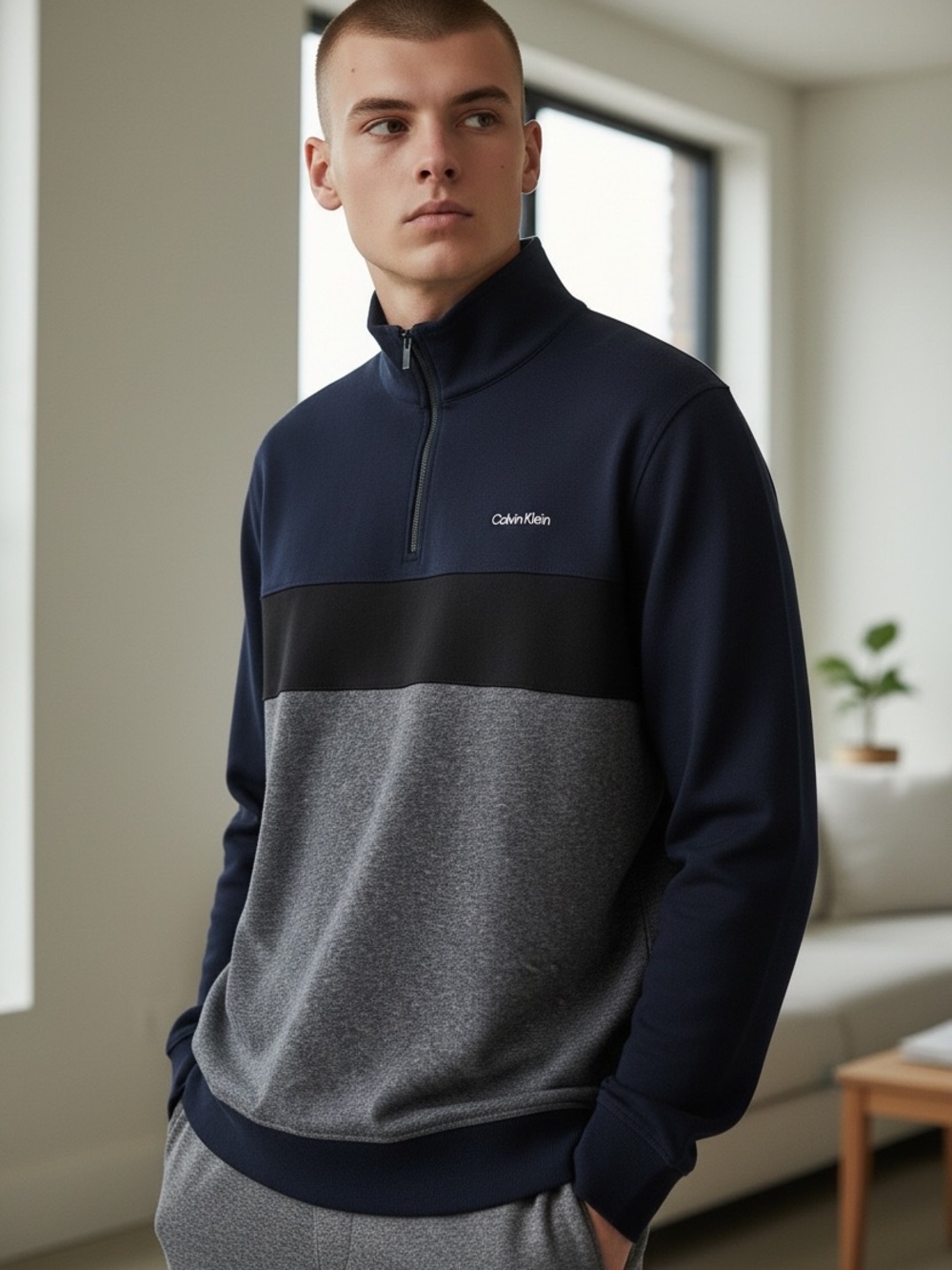 Calvin Klein Men's Navy, Black & Gray Colorblock Quarter-Zip Sweater